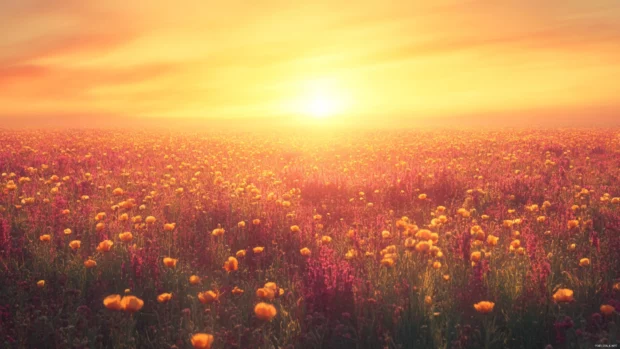 Golden sunrise shining over Pretty Flower meadow, Vintage flower background.