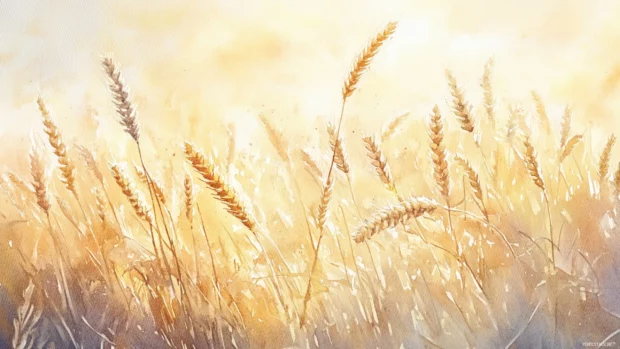 Golden wheat fields dancing in the breeze captured in watercolor light.
