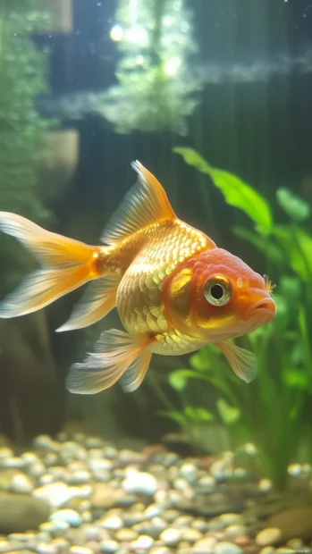 Goldfish close up gliding water, scales sparkling gold soft sunlight, calm tranquil pond background, serenity sense.