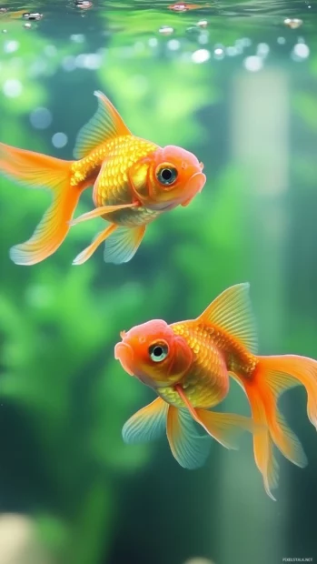 Goldfish close up, two swimming together, clear lightly rippling water, soft natural lighting, blurred green foliage background.