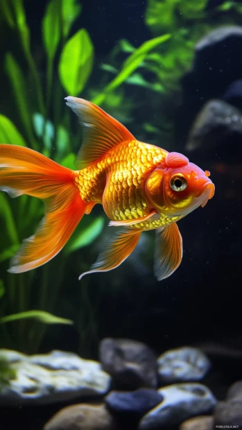 Goldfish serene beautiful, gracefully swimming, crystal clear pond, vibrant orange gold scales shimmering, soft water ripples, peaceful natural atmosphere.