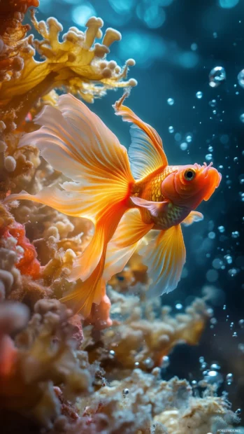 Goldfish vibrant close up, flowing delicate fins, clear water gliding, soft bubbles aquatic plants background.