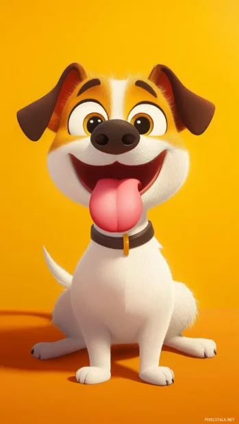 Goofy cartoon dog sticking out its tongue on a bright background.