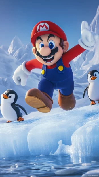 Goofy cartoon moment of Mario slipping on an ice stage with penguins giggling nearby.