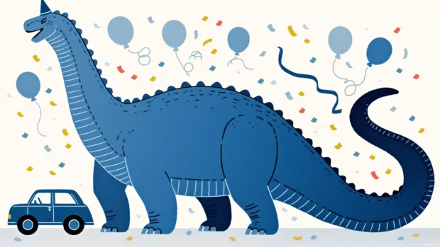 Goofy dinosaur wearing a party hat, trying to fit into a tiny car for a birthday celebration, with balloons flying everywhere.