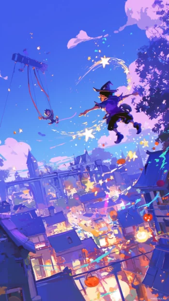 Goofy juggling stars on a trampoline under twilight.