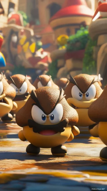 Goombas and Koopa Troopas marching in formation, a familiar Super Mario enemy line up.