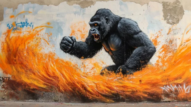 Gorilla pounding chest as waves of orange graffiti explode.