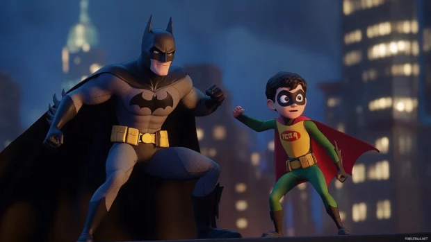 Gotham skyline backdrop, Batman Robin heroic stance, playful comic bursts.