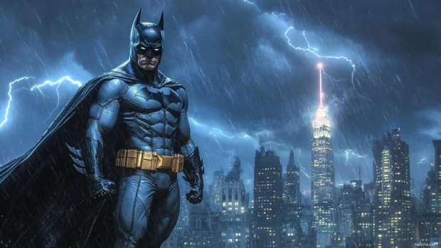 Gotham skyline with Batman signal lighting up a stormy sky.