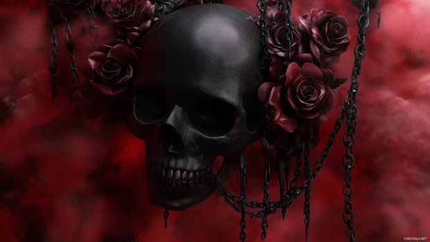 Gothic black skull, metal textures, chains, dark roses, smoky background.