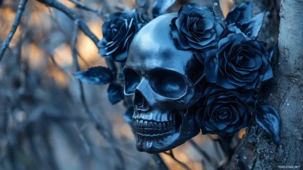 Gothic black skull, swirling shadows, black roses, romantic, haunting effect.