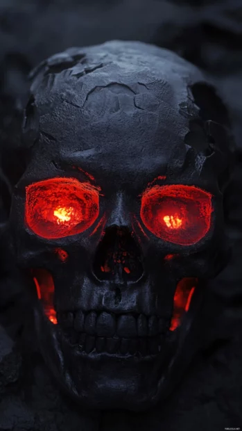 Gothic skull art with glowing red eyes and dark shadows.
