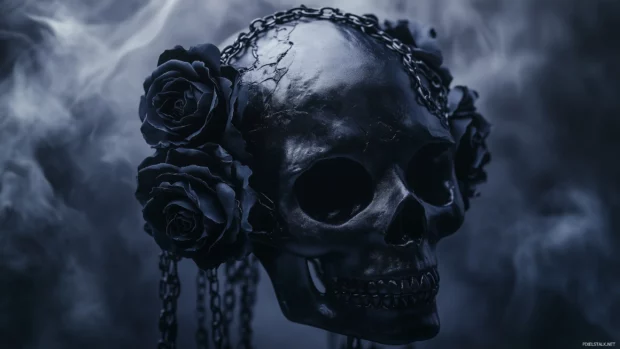 Gothic skull, metal details, chains, dark roses, smoky, shadowed background.