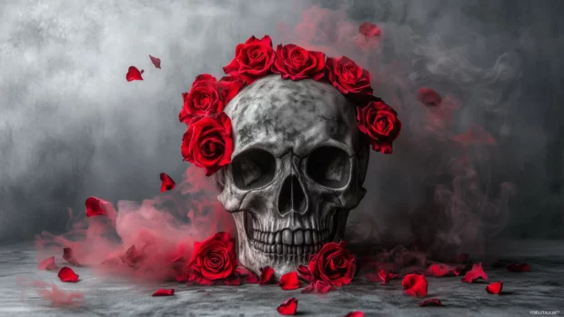 Gothic skull with red roses, scattered petals, subtle smoke effects.