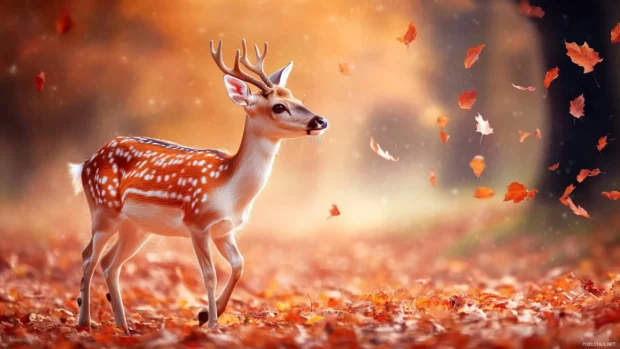 Graceful Moving Animals Wallpapers showing deer walking through falling autumn leaves.