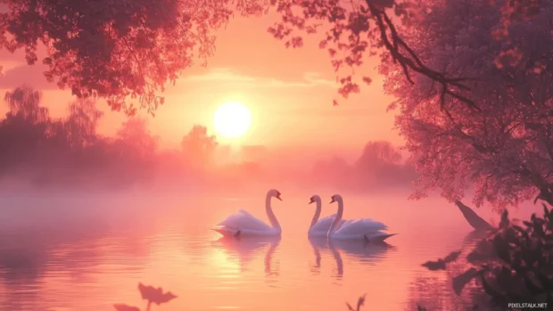 Graceful Swans drifting through a misty lake at sunrise, Swans PC Wallpapers in serene 4K.