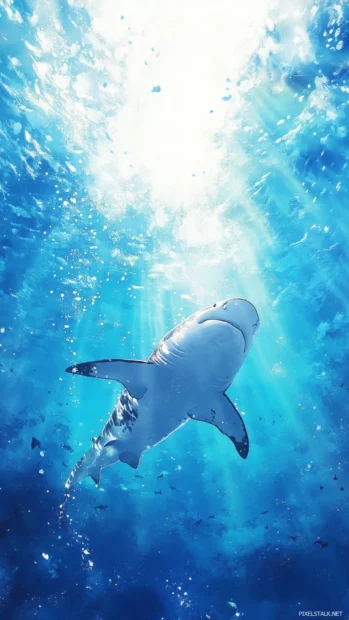 Graceful whale shark swimming toward surface light in vertical wallpaper.
