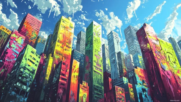 Graffiti cityscape wallpaper with skyscrapers built from dripping tags.