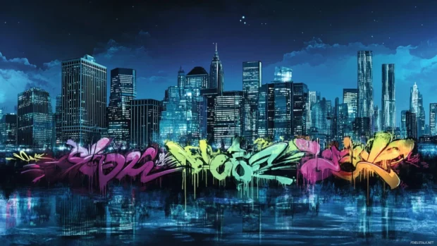 Graffiti cityscape wallpapers featuring a night skyline with dripping wildstyle tags.