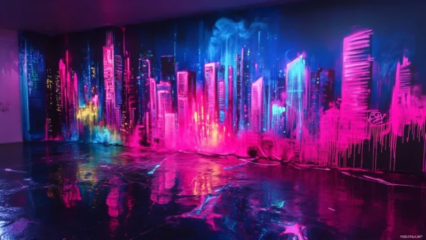 Graffiti cityscape wallpapers showing buildings melting into neon spray.