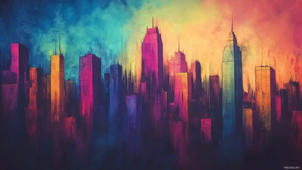 Graffiti cityscape wallpapers with chromatic towers outlined in soft spray bursts.