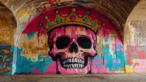 Graffiti crown above cracked skull sprayed on tunnel arch.