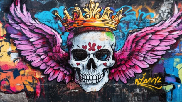 Graffiti crown and wings over symbolic skull in stylish street art graffiti wallpapers.