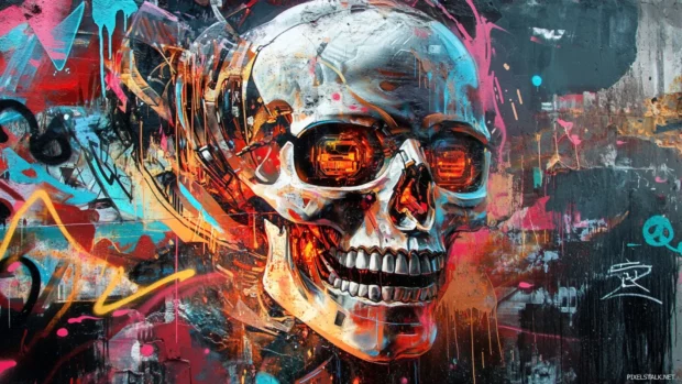Graffiti desktop wallpapers HD featuring robotic skulls with fire tagged text overlays.
