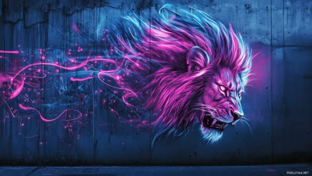 Graffiti desktop wallpapers HD with neon abstract lion across a concrete wall.