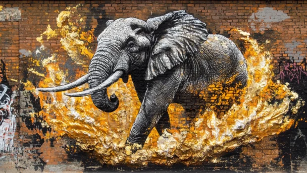 Graffiti elephant rising from gold and silver fire.