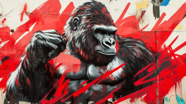 Graffiti gorilla thumping chest in a blast of red tags.