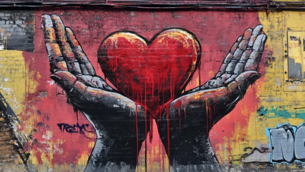 Graffiti hands praying over dripping red heart in street art graffiti wallpapers.