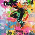 Graffiti monster in explosive colors jumping through text in a cool graffiti wallpaper.