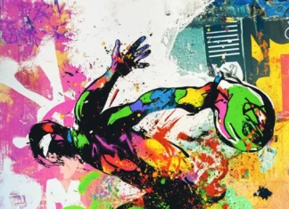 Graffiti monster in explosive colors jumping through text in a cool graffiti wallpaper.