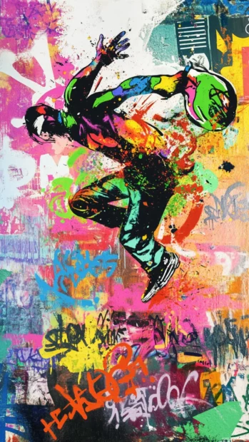 Graffiti monster in explosive colors jumping through text in a cool graffiti wallpaper.