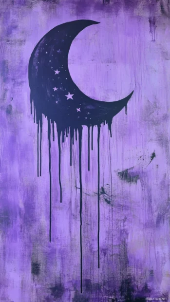 Graffiti moon and stars dripping across lavender sky in aesthetic graffiti wallpaper.