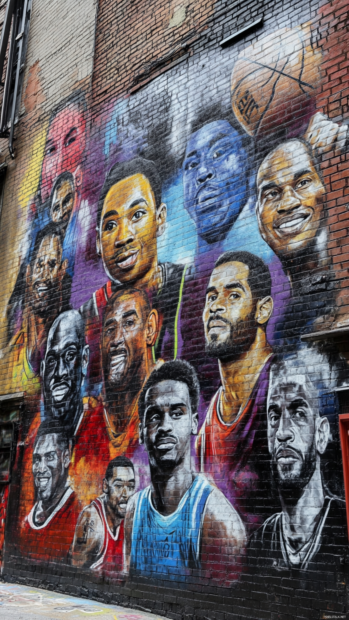 Graffiti mural of basketball legends in alley court.