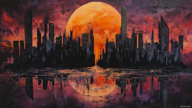 Graffiti painted skyline melting into urban twilight.