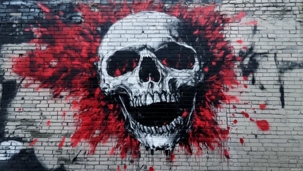 Graffiti skull bursting from brick wall in sharp red and black.