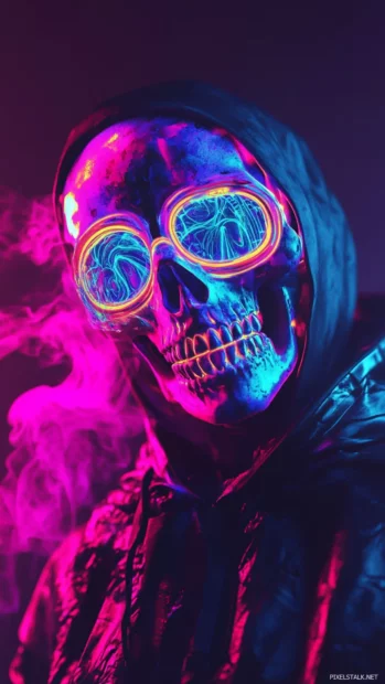 Graffiti skull in neon street style with distorted patterns.