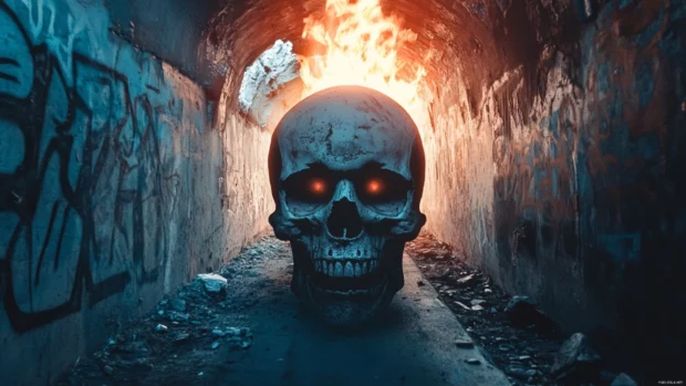 Graffiti skull inside tunnel with fire lit backlight.