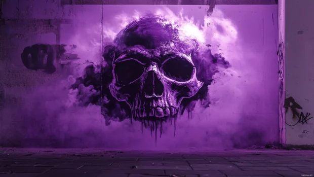 Graffiti skull rising from sewer mist in electric purple tones.