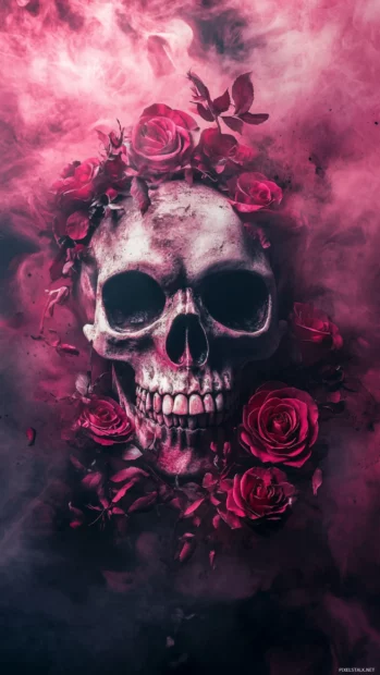 Graffiti skull surrounded by roses in pink mist with a moody tone.