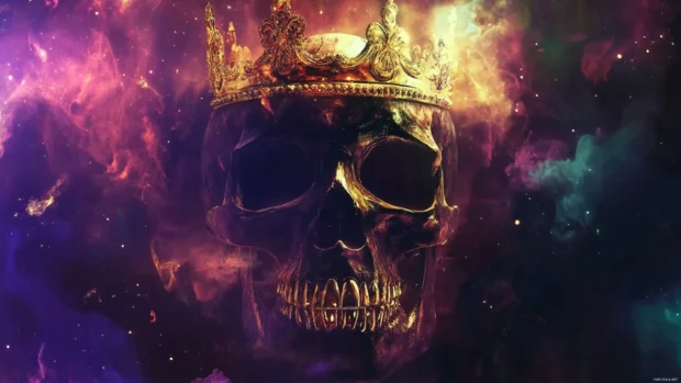 Graffiti skull with a golden crown floating in cosmic light.
