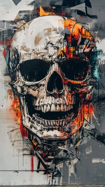 Graffiti skull with glitch effects and wildstyle spray lettering on city wall.