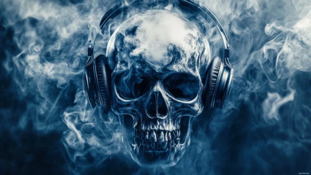 Graffiti style cool skull wallpaper with smoke effects and headphones.