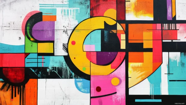 Graffiti style rendering of downtown cityscape with bold contrast colors.