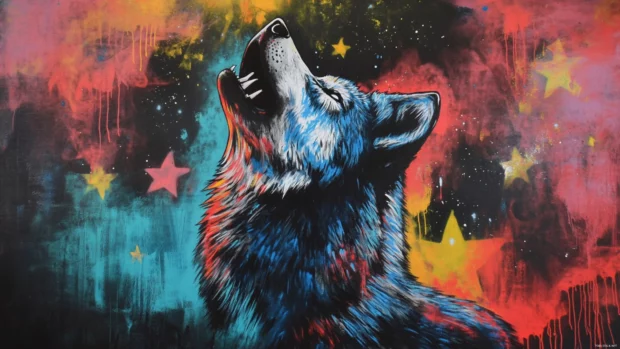 Graffiti style wolf howling under spray painted stars.