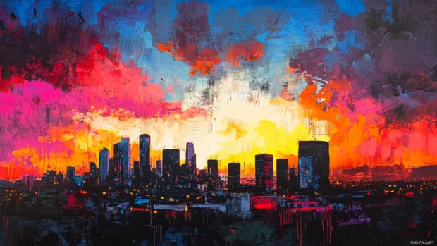Graffiti styled cityscape under a spray painted twilight sky.